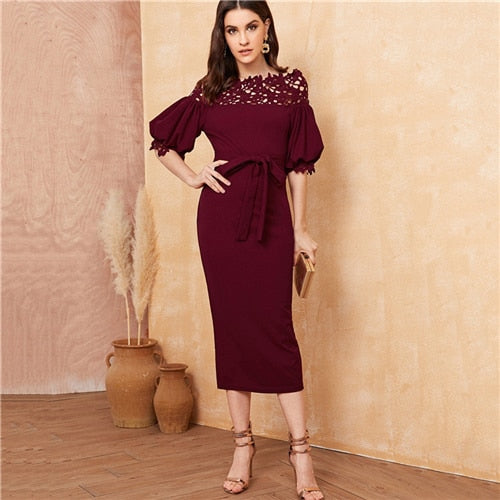 SHEIN Guipure Lace Yoke Bishop Sleeve Pencil Dress Women White Pencil vergula SHEIN Guipure Lace Yoke Bishop Sleeve Pencil Dress Women White Pencil vergula