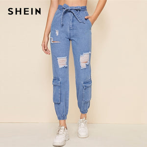 SHEIN Blue Bleach Wash Frayed Edge Pocket Patch Belt Carrot Jeans Women 2019 Autumn Zipper Fly High Waist Casual Denim Trousers