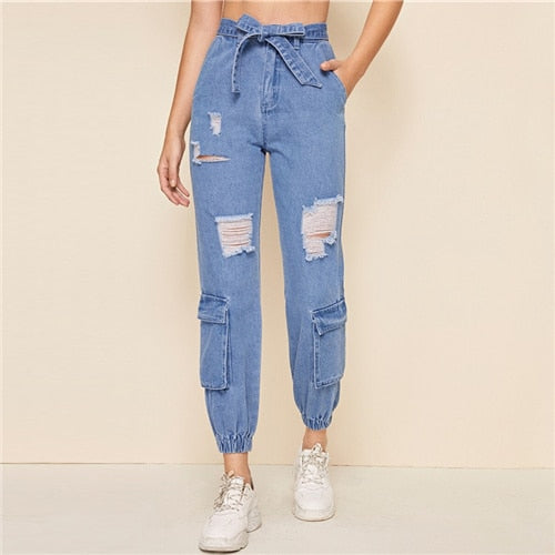 SHEIN Blue Bleach Wash Frayed Edge Pocket Patch Belt Carrot Jeans Women 2019 Autumn Zipper Fly High Waist Casual Denim Trousers