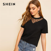 Load image into Gallery viewer, SHEIN Dot Mesh Neck Short Sleeve Women Shirts Summer Streetwear Casual Round Neck Short Sleeve Solid T Shirt Mesh Top