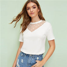 Load image into Gallery viewer, SHEIN Dot Mesh Neck Short Sleeve Women Shirts Summer Streetwear Casual Round Neck Short Sleeve Solid T Shirt Mesh Top
