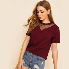 Load image into Gallery viewer, SHEIN Dot Mesh Neck Short Sleeve Women Shirts Summer Streetwear Casual Round Neck Short Sleeve Solid T Shirt Mesh Top