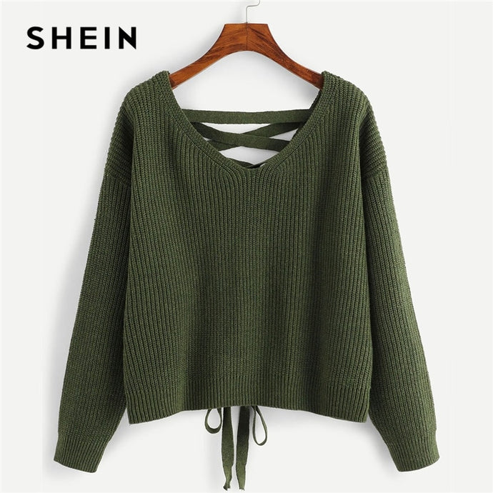 SHEIN Army Green Lace Up Back Drop Shoulder Sweater Pullover Women Autumn Winter Long Sleeve V Neck Casual Ladies Solid Sweaters