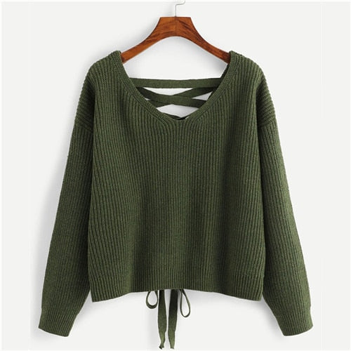 SHEIN Army Green Lace Up Back Drop Shoulder Sweater Pullover Women Autumn Winter Long Sleeve V Neck Casual Ladies Solid Sweaters