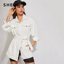 Load image into Gallery viewer, SHEIN White Wash Belted Longline Denim Jacket Coat Women Autumn Spring Turn-down Collar Solid Buttoned Casual Jackets Outwear