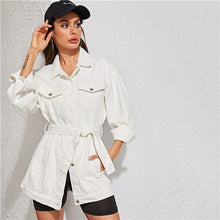 Load image into Gallery viewer, SHEIN White Wash Belted Longline Denim Jacket Coat Women Autumn Spring Turn-down Collar Solid Buttoned Casual Jackets Outwear