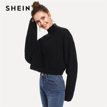 Load image into Gallery viewer, SHEIN Black Solid High Neck Crop Boxy Autumn Sweater Women Tops 2019 Winter Streetwear Long Sleeve Casual Ladies Sweaters