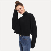 Load image into Gallery viewer, SHEIN Black Solid High Neck Crop Boxy Autumn Sweater Women Tops 2019 Winter Streetwear Long Sleeve Casual Ladies Sweaters