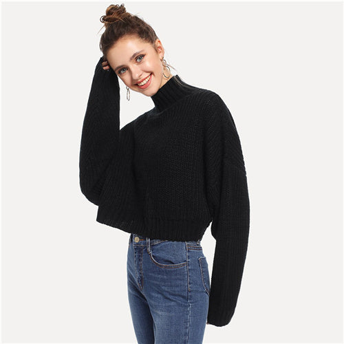 SHEIN Black Solid High Neck Crop Boxy Autumn Sweater Women Tops 2019 Winter Streetwear Long Sleeve Casual Ladies Sweaters