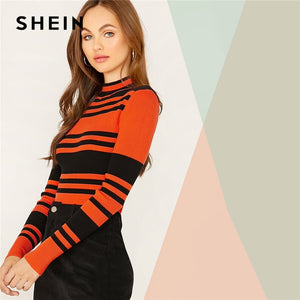 SHEIN Multicolor Mock Neck Striped Slim Fitted Pullover Sweater Women Tops Autumn Winter Long Sleeve Rib-Knit Elegant Sweaters