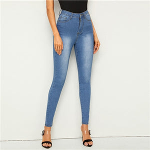 Sheinside Blue Casual Bleach Wash Skinny Jeans Women 2019 Autumn High Waist Long Trousers Ladies Stretchy Denim Jeans