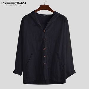 INCERUN Long Hooded 2019 Men Solid Color Hoodie Cotton Button Long Sleeve Loose New Pocket Men's Simple Literary Fashion Hoodie