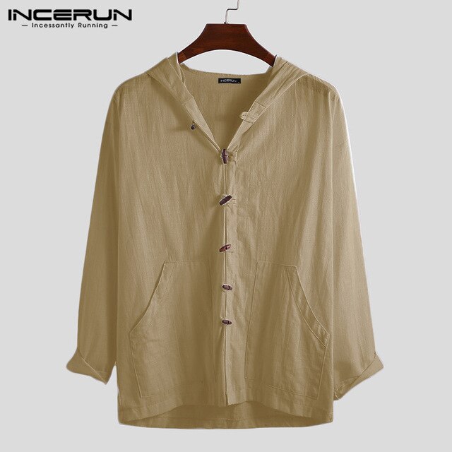 INCERUN Long Hooded 2019 Men Solid Color Hoodie Cotton Button Long Sleeve Loose New Pocket Men's Simple Literary Fashion Hoodie