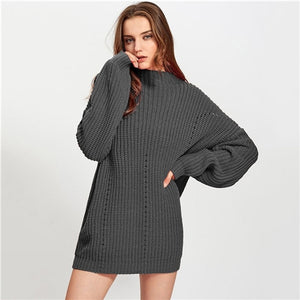 SHEIN Stand Collar Exaggerate Eyelet Casual Long Sweater Women Tops 2019 Winter Long Sleeve Cut Out Oversized Ladies Sweaters