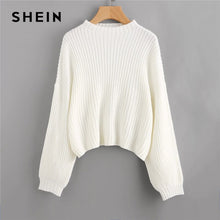 Load image into Gallery viewer, SHEIN White Drop Shoulder Lantern Sleeve Oversized Jumper Solid Sweater Pullover Women Winter High Neck Casual Sweaters