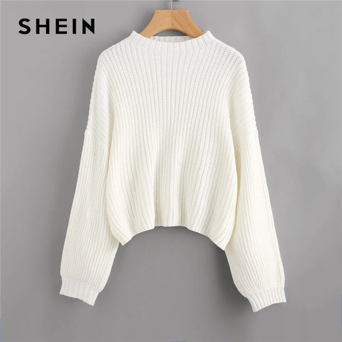 SHEIN White Drop Shoulder Lantern Sleeve Oversized Jumper Solid Sweater Pullover Women Winter High Neck Casual Sweaters