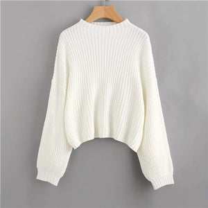 SHEIN White Drop Shoulder Lantern Sleeve Oversized Jumper Solid Sweater Pullover Women Winter High Neck Casual Sweaters