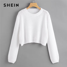 Load image into Gallery viewer, SHEIN White Loose Fit Crop Jumper Pullover Solid Sweater Women Spring Autumn Round Neck Long Sleeve Casual Sweaters