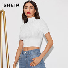 Load image into Gallery viewer, SHEIN White Solid Autumn Stand Collar Sexy Crop Sweater Women Tops 2019 Winter Short Sleeve From Fitted Basic Ladies Sweaters