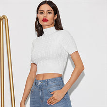 Load image into Gallery viewer, SHEIN White Solid Autumn Stand Collar Sexy Crop Sweater Women Tops 2019 Winter Short Sleeve From Fitted Basic Ladies Sweaters