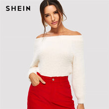 Load image into Gallery viewer, SHEIN White Solid Off The Shoulder Elegant Fuzzy Sweater Women Tops 2019 Winter Long Sleeve Basic Sweaters For Office Ladies