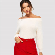 Load image into Gallery viewer, SHEIN White Solid Off The Shoulder Elegant Fuzzy Sweater Women Tops 2019 Winter Long Sleeve Basic Sweaters For Office Ladies