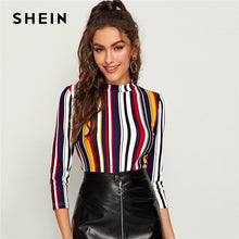 Load image into Gallery viewer, SHEIN Multicolor Mock-neck Form Fitted Striped Top Slim T Shirt Women Autumn 3/4 Length Sleeve Elegant Office Lady Tshirt Tops