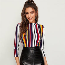 Load image into Gallery viewer, SHEIN Multicolor Mock-neck Form Fitted Striped Top Slim T Shirt Women Autumn 3/4 Length Sleeve Elegant Office Lady Tshirt Tops