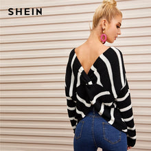 Load image into Gallery viewer, SHEIN Black and White Striped Twist Back Drop Shoulder Sweater Women Autumn Winter V Back Long Sleeve Cute Casual Sweaters