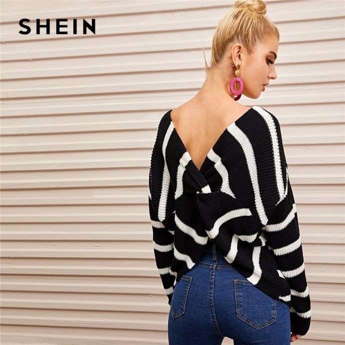 SHEIN Black and White Striped Twist Back Drop Shoulder Sweater Women Autumn Winter V Back Long Sleeve Cute Casual Sweaters