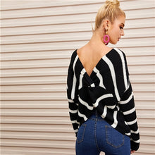 Load image into Gallery viewer, SHEIN Black and White Striped Twist Back Drop Shoulder Sweater Women Autumn Winter V Back Long Sleeve Cute Casual Sweaters