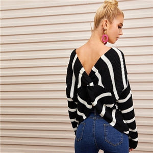 SHEIN Black and White Striped Twist Back Drop Shoulder Sweater Women Autumn Winter V Back Long Sleeve Cute Casual Sweaters