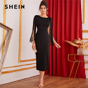 SHEIN Black Solid Fringe Detail Split Back Pencil Party Dress Women 2019 Autumn Sleeveless Elegant Ladies Bodycon Midi Dresses