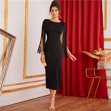 Load image into Gallery viewer, SHEIN Black Solid Fringe Detail Split Back Pencil Party Dress Women 2019 Autumn Sleeveless Elegant Ladies Bodycon Midi Dresses