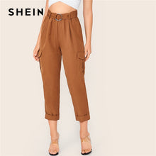 Load image into Gallery viewer, SHEIN Brown O-Ring Belted Flap Pocket Side Rolled Hem Pants Women 2019 Autumn Solid Elastic Waist Casual Ladies Cropped Trousers