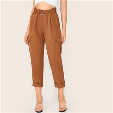 Load image into Gallery viewer, SHEIN Brown O-Ring Belted Flap Pocket Side Rolled Hem Pants Women 2019 Autumn Solid Elastic Waist Casual Ladies Cropped Trousers