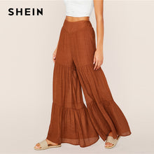 Load image into Gallery viewer, SHEIN Brown High Waist Layered Ruffle Hem Super Palazzo Pants 2019 Autumn Boho Elastic Waist Ladies Shirred Wide Leg Trousers