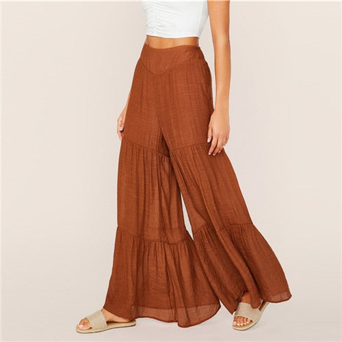 SHEIN Brown High Waist Layered Ruffle Hem Super Palazzo Pants 2019 Autumn Boho Elastic Waist Ladies Shirred Wide Leg Trousers