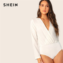 Load image into Gallery viewer, SHEIN White Surplice Neck Long Sleeve Solid Bodysuit Women Spring Autumn Mid Waist Wrap Office Lady Elegant Bodysuits