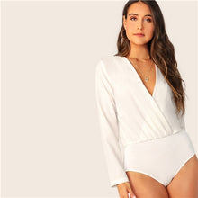 Load image into Gallery viewer, SHEIN White Surplice Neck Long Sleeve Solid Bodysuit Women Spring Autumn Mid Waist Wrap Office Lady Elegant Bodysuits