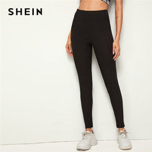 Load image into Gallery viewer, SHEIN Black Solid Ribbed Knit Skinny Leggings Pants Women Bottoms 2019 Autumn Elastic Waist Active Wear Ladies Skinny Trousers