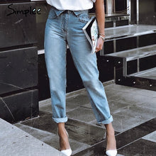 Load image into Gallery viewer, Simplee Fold-over waist blue jeans women pants Casual pocket denim harem pants Streetwear skinny autumn trousers 2019