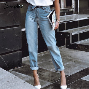 Simplee Fold-over waist blue jeans women pants Casual pocket denim harem pants Streetwear skinny autumn trousers 2019