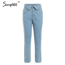 Load image into Gallery viewer, Simplee Fold-over waist blue jeans women pants Casual pocket denim harem pants Streetwear skinny autumn trousers 2019