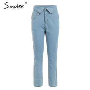 Simplee Fold-over waist blue jeans women pants Casual pocket denim harem pants Streetwear skinny autumn trousers 2019