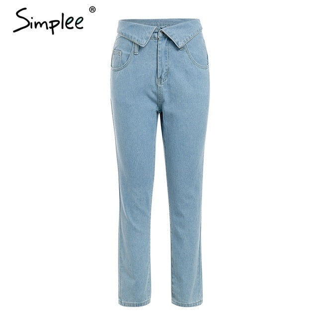 Simplee Fold-over waist blue jeans women pants Casual pocket denim harem pants Streetwear skinny autumn trousers 2019