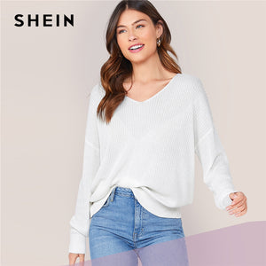 SHEIN White Solid V Neck Drop Shoulder Knit Sweater Women Tops 2019 Autumn Long Sleeve Casual Basic Office Ladies Sweaters