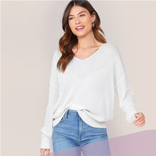 Load image into Gallery viewer, SHEIN White Solid V Neck Drop Shoulder Knit Sweater Women Tops 2019 Autumn Long Sleeve Casual Basic Office Ladies Sweaters