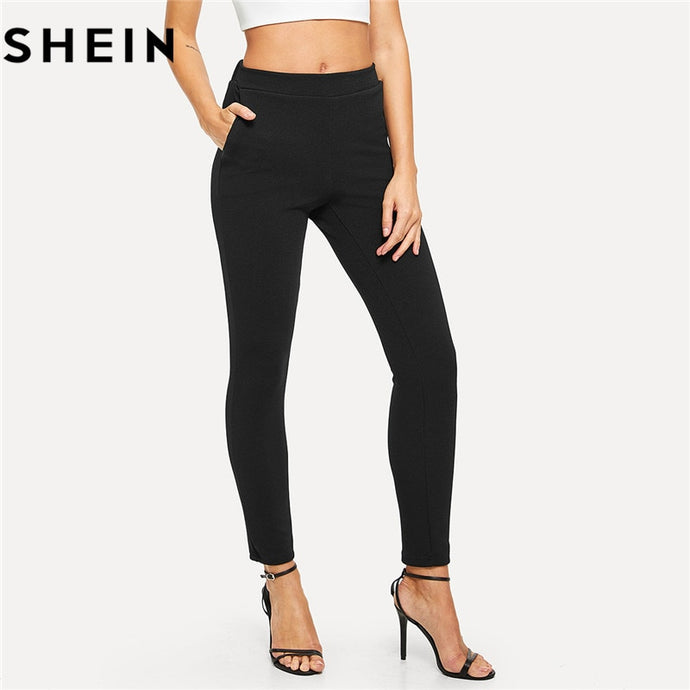 SHEIN Elastic Waist Mid Waist Skinny Trousers Autumn Office Lady Elegant Slim Fit Vertical Women Pencil Pants