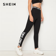 Load image into Gallery viewer, SHEIN Black Slogan Print Leggings Women Bottoms 2019 Autumn Elastic Waist Active Wear Leisure Skinny Long Leggings